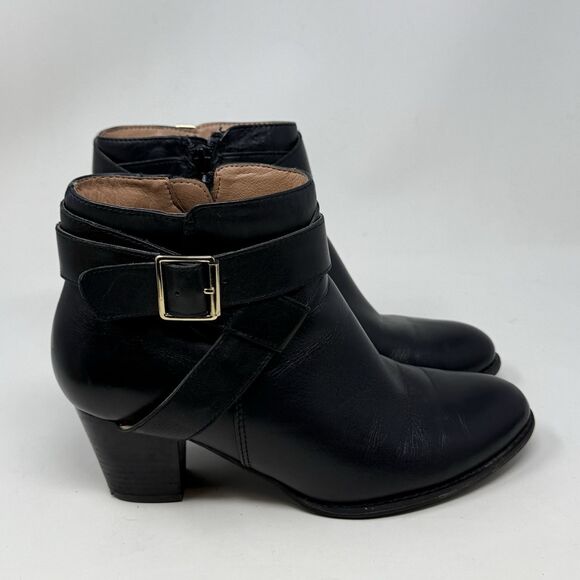 Vionic Trinity Ankle Boots Womens 7.5 Black Leather Buckle Detail Zip Block Heel - Picture 1 of 15